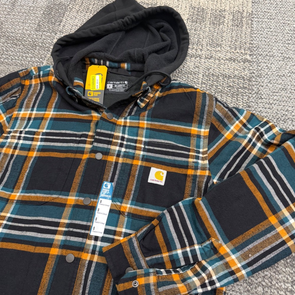 Carhartt Rugged Flex Hooded Shirt Jac Mens S Blue Orange Plaid Fleece Lined Jac